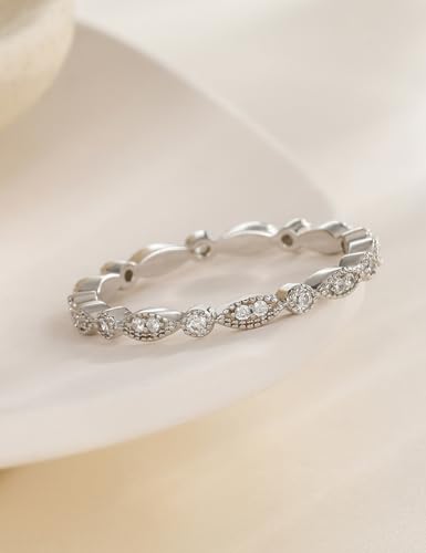 EAMTI 925 Sterling Silver Wedding Band for Women Cubic Zirconia Marquise & Round Milgrain Full Eternity Stackable Ring Size 3-13 - color: Brass-Silver