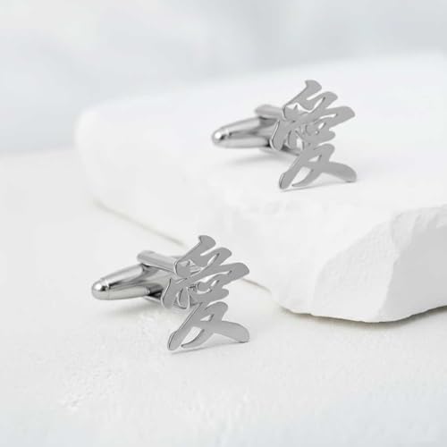 Men’s Chinese Love Symbol Cufflinks – Stainless Steel Cultural-Themed Cuff Links with Gift Box & Polishing Cloth – Available in Silver & Gold - color: steel