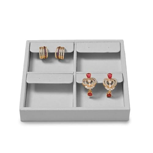Microfiber 4 Slots Jewelry Earring Display Tray | Earring Display Organizer Tray Gray - size: 5.51" x 5.5" x 0.78"