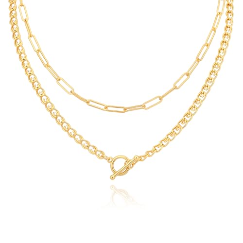 Layered Necklaces for Women 14k Gold Plated Chain Necklace Trendy Dainty Toggle Clasp Chunky Cuban Link Paperclip Chain Jewelry Gift - style: Style 4：Paperclip+Toggle