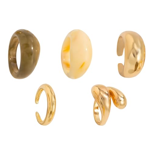 5 Pcs Gold Rings Set for Women, Pale Gold Metal and Resin Rings, Chunky Stackable Styles, Hug Ring Design, for Party and Daily Wearing
