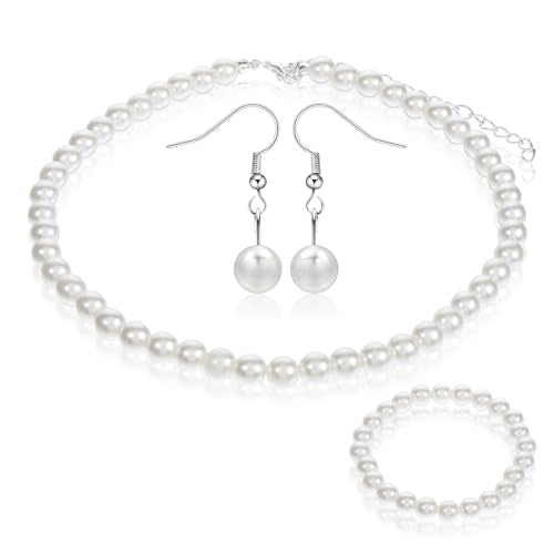 Giantree 3Pcs Pearl Set Jewelry for Women, Pearl Necklace Earring Set Gifts for Grandma for Wedding Birthday (Earring Hook) - color: Style A