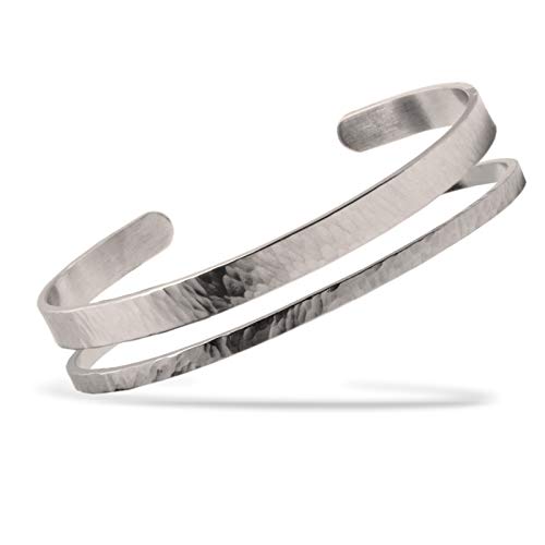 Nato Cuff - Stainless Steel Hammered Cuff Bangle Bracelet Handmade in France Mens and Womens Jewelry - color: Duo Silver