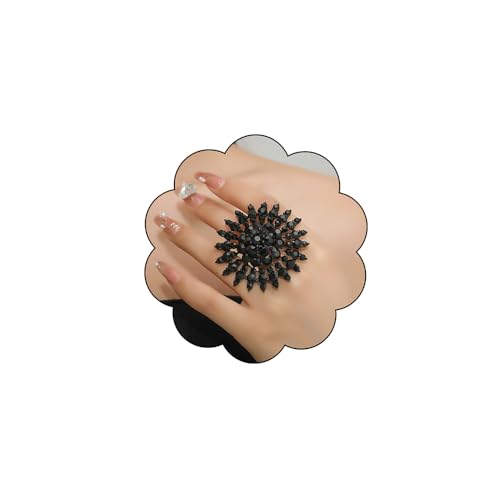 Elegant Big Crystal Ring for Women Gold Stacking Pearl Rhinestone Flower Rings Open Finger Adjustable Crystal Statement Ring Jewelry for Bridal Wedding - color: Crystal 2-black