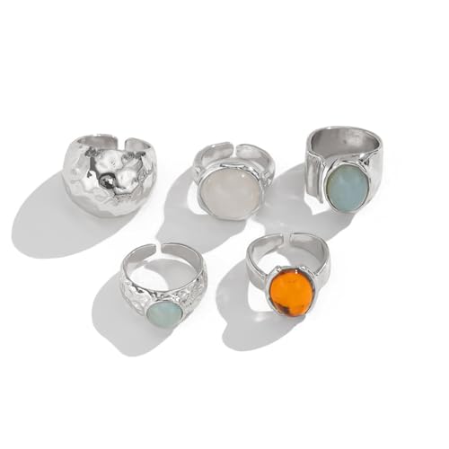 Chunky Gold Rings for Women Non Tarnish 6 PCS Vintage Stackable Flower Baroque Pearl Rhinestone Rings set Adjustable Trendy Statement Jewelry - color: Silver-29608
