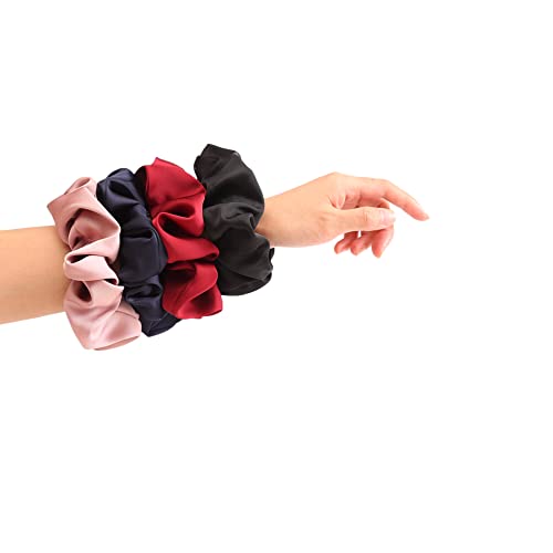 4 PCS Large Satin Silk Scrunchies for Women Big Hair Scrunchies Thick Hair | Black Navy-Blue Red Rose-Red / Stretched 10" Length / No Damage / Gift Box /Diameter: 5 inches / All Hairstyles - color: Black Navy-Blue Red Rose-Red, size: 1 Count (Pack of 4)