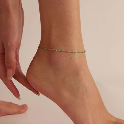 Dainty Ankle Bracelets for Women 18K Gold Plated Waterproof | Satellite Beaded Herringbone Lip Chain Anklets Simple Minimalist Summer Beach Foot Jewelry, Gift Box Included - color: Green Beads-Gold
