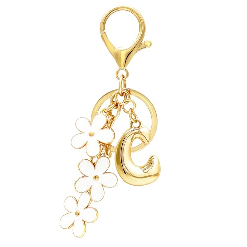 Floral Series Initial Bag Charm, Cute Flower & Bubble Letter Purse Charms, Keychain Accessories Gift for Women - color: White Flower, style: C