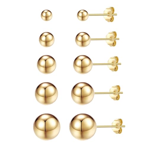 ToHeart 5 Pairs 14K Gold Silver Ball Stud Earrings for Women Studs Set | 3-7MM Studs Hypoallergenic Lightweight Small Ball Earrings Multiple Piercing Earrings Set - color: Gold