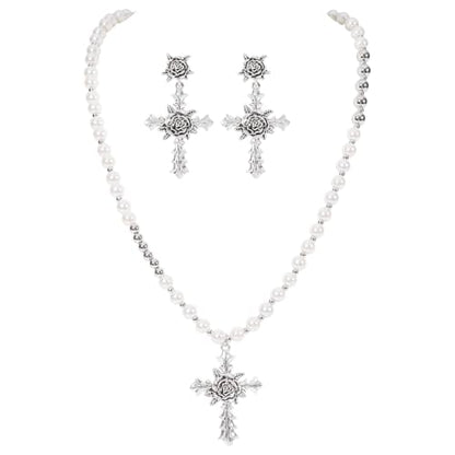 Bocar Gothic Cross Layered Pearl Necklace Chunky Statement Stacked Necklace Y2K Silver Layered Necklace for Women (NK-10769) - color: 799-White