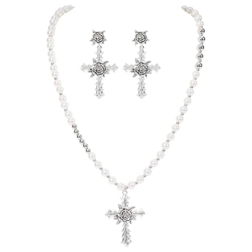 Bocar Gothic Cross Layered Pearl Necklace Chunky Statement Stacked Necklace Y2K Silver Layered Necklace for Women (NK-10769) - color: 799-White
