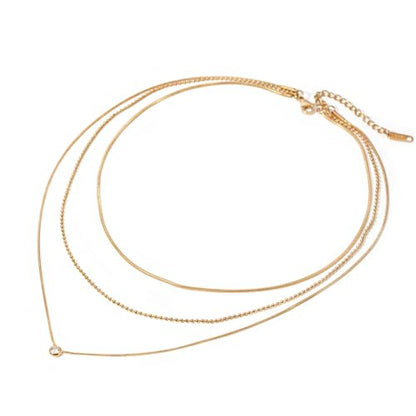 Women Stainless Steel Triple Strand Chain Necklace w Crystal Charm | Multi-Layered Dainty Style Three Layer Bead and Snake Chain Waterproof Non-Tarnish Trendy Jewelry Gifts - color: Gold