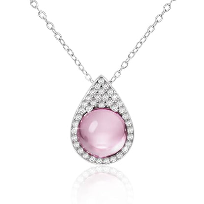 Women Trendy Faux Crystal Pendant Necklace 18K Gold/Silver Plated | CZ Halo Teardrop Drop Pendant Necklace Lightweight Fashion Jewelry Set Stackable For Wedding Daily Wear - color: Pink