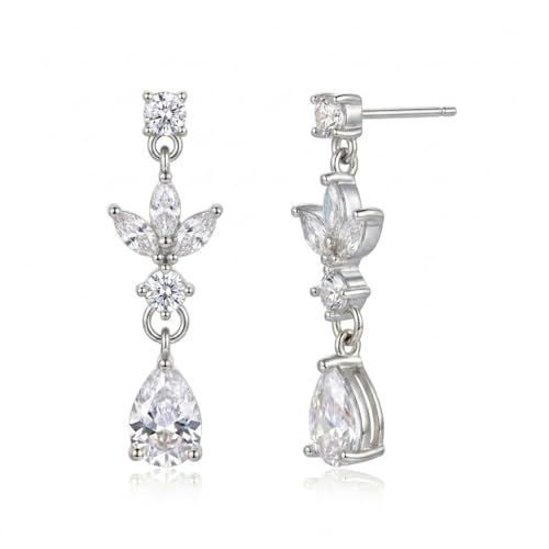 Sonateomber Gold Silver Pearl Rhinestone Dangle Earrings for Women, Elegant CZ Leaf Butterfly Bridal Earings Prom Wedding Fashion Jewelry Gift - color: Silver CZ