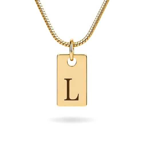 Initial Necklace in 18K Gold Plated, Personalized Engraved Letter Pendant, Gold Snake Chain, 6×10 mm Rectangle Charm for Women - color: L