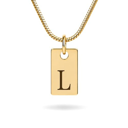 Initial Necklace in 18K Gold Plated, Personalized Engraved Letter Pendant, Gold Snake Chain, 6×10 mm Rectangle Charm for Women - color: L