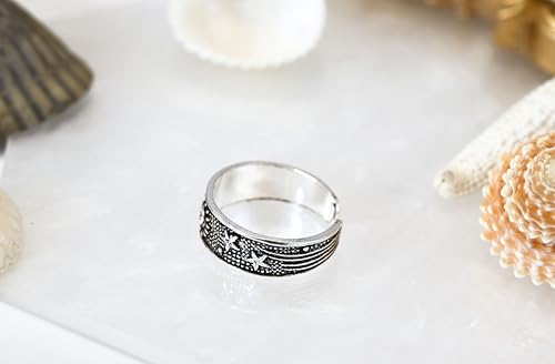 AeraVida .925 Sterling Silver Adjustable Toe Ring or Pinky Ring 5mm Wide Open Band, Stackable Minimalist Summer Foot Jewelry | Sun Moon Star Turtle Butterfly Leaf Olive Branch Ocean Wave Yin Yang Design - style: Celestial Sky 3