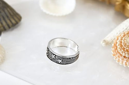 AeraVida .925 Sterling Silver Adjustable Toe Ring or Pinky Ring 5mm Wide Open Band, Stackable Minimalist Summer Foot Jewelry | Sun Moon Star Turtle Butterfly Leaf Olive Branch Ocean Wave Yin Yang Design - style: Celestial Sky 3