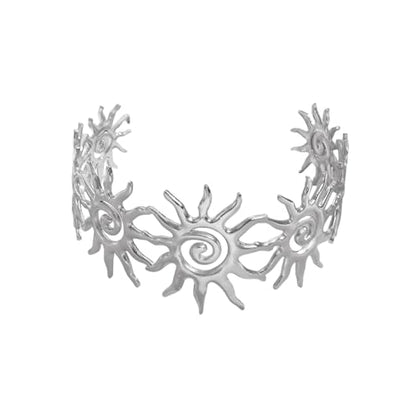 Chunky Gold Sun Cuff Bracelet for Women – Boho Spiral Sun Statement Jewelry, Stainless Steel Adjustable Wide Metal Bangle for Holiday Fashion - color: Silver