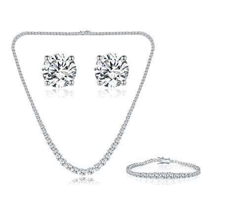 18K White Gold Plated Tennis Necklace/Bracelet/Earrings/Band Ring Sets Hypoallergenic Jewelry Pack of 4 - color: 3 Set Pcs White