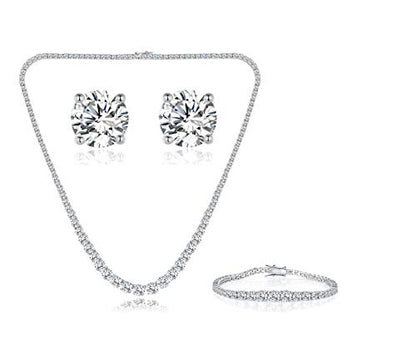 18K White Gold Plated Tennis Necklace/Bracelet/Earrings/Band Ring Sets Hypoallergenic Jewelry Pack of 4 - color: 3 Set Pcs White