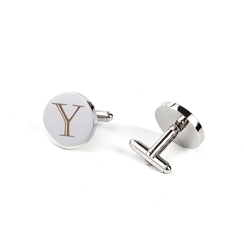 Mens Initial Silver Cufflinks A-Z Alphabet Letter Steel Cuff Links with Engraved Walnut Wood Box Groom Groomsman Wedding Set… - style: Y