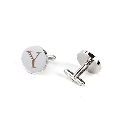 Mens Initial Silver Cufflinks A-Z Alphabet Letter Steel Cuff Links with Engraved Walnut Wood Box Groom Groomsman Wedding Set… - style: Y