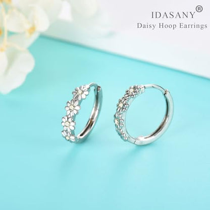 Sterling Silver Hoop Earrings for Women, Dainty Small Huggie Hoop Earrings | Hypoallergenic Daisy Color Cubic Zirconia Flower Hoops Earring Jewellery Gifts for Ladies Birthday Wedding, 12mm Hoop - color: Yellow