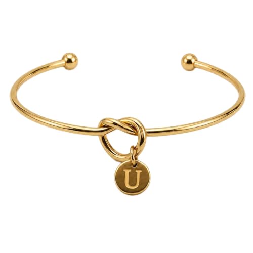 LemonRose Initial Bracelets for Women - Dainty Tie the Knot Letter A-Z 14K Gold Plated for Women Gold Cuff Bracelet for Womens Jewelry Personalized Bridesmaid Proposal Gifts - color: Gold U