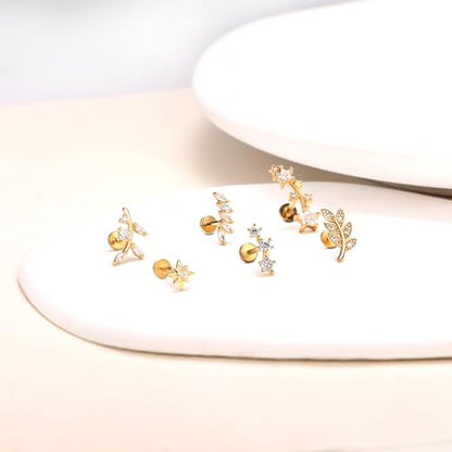 Flat Back Cartilage Earrings CZ Earring Studs Set Helix Conch Tragus Labret Piercing Jewelry for Women Internal Thread Hypoallergenic Surgical Stainless Steel 14K Gold 16 Gauge