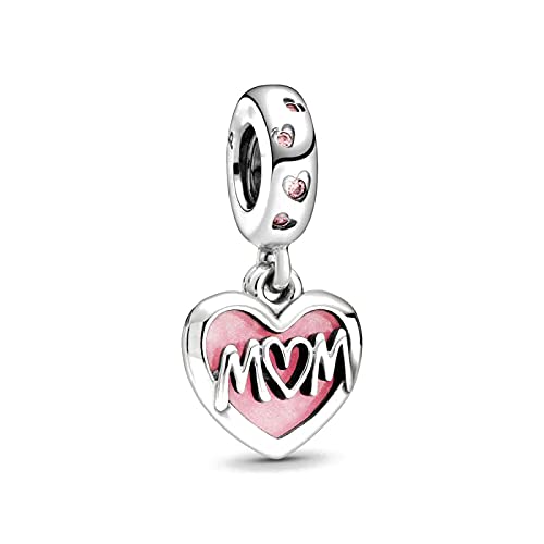 925 Sterling Silver Charms for Bracelets Necklaces Dangle Pendant With 5A Cubic Zirconias Bead Charm for Women DIY Jewelry - style: Pink Heart LOVE MOM Charm