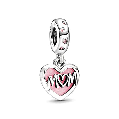 925 Sterling Silver Charms for Bracelets Necklaces Dangle Pendant With 5A Cubic Zirconias Bead Charm for Women DIY Jewelry - style: Pink Heart LOVE MOM Charm