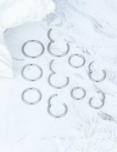 10PCS 20G/18G Surgical Steel Hinged Clicker Segment Nose Rings Hoops Septum Lip Ring Hoop Cartilage Tragus Helix Sleeper Earrings Piercing Jewelry for Women Men 6mm 7mm 8mm 9mm 10mm - color: 18g,6/7/8/9/10mm,slivertone