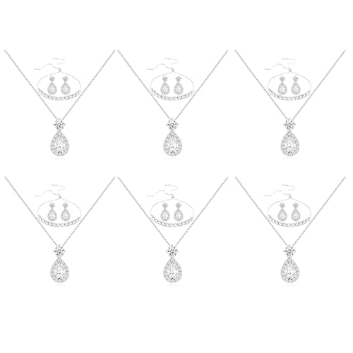 Plated Gold Silver Elegant Teardrop Zircon Earrings Necklace Bracelet Set for Bridesmaids, Sparkling Cubic Zirconia Jewelry, Wedding Gift, 4/5/6-Piece - color: 6 Sets Silver
