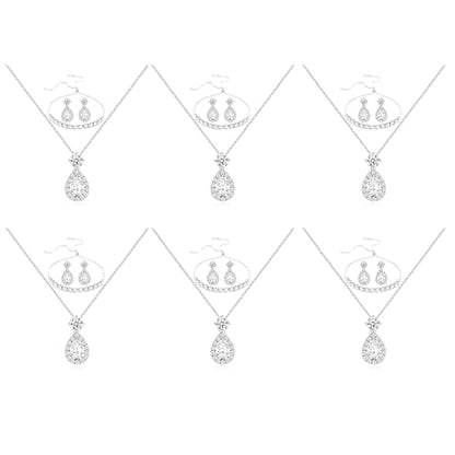 Plated Gold Silver Elegant Teardrop Zircon Earrings Necklace Bracelet Set for Bridesmaids, Sparkling Cubic Zirconia Jewelry, Wedding Gift, 4/5/6-Piece - color: 6 Sets Silver