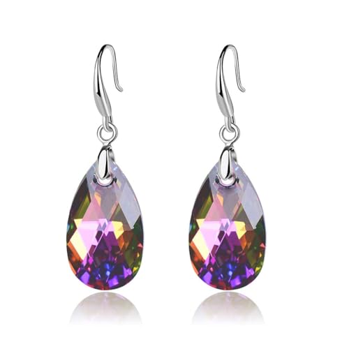 Austrian Crystal Teardrop Dangle Hook Earrings for Women 14K Gold Plated Hypoallergenic Jewelry - color: Rainbow Crystal