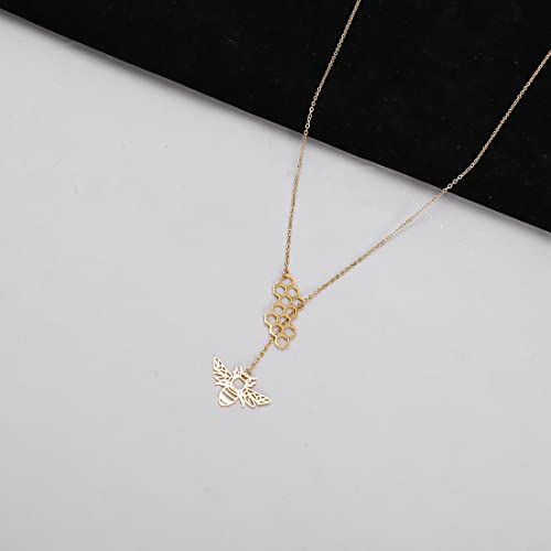 18K Gold Plated Stainless Steel Bee Honeycomb Pendant Necklace, Adjustable Y Lariat Conch/Guitar/Horseshoe Necklace for Women - color: Gold, style: Bee