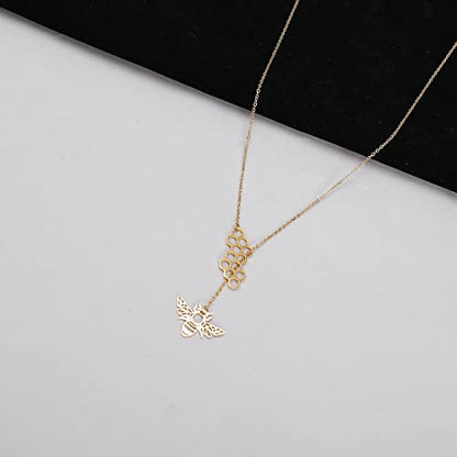 18K Gold Plated Stainless Steel Bee Honeycomb Pendant Necklace, Adjustable Y Lariat Conch/Guitar/Horseshoe Necklace for Women - color: Gold, style: Bee
