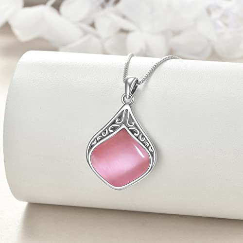 YAFEINI Teardrop Necklace Sterling Silver Filigree Irish Pendant Necklace Natural Stone Moonstone/Lapis Lazuli/Larimar/Moss Agate Necklace Jewelry - color: Pink Opal Teardrop Necklace