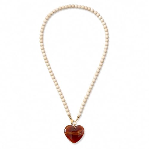 Wood Bead Heart Necklace for Women Amber Color Resin Heart Pendant Natural Wooden Beaded Necklace Boho Long Vacation Jewelry Gift - color: B1:wood beaded necklace