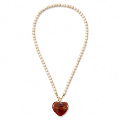 Wood Bead Heart Necklace for Women Amber Color Resin Heart Pendant Natural Wooden Beaded Necklace Boho Long Vacation Jewelry Gift - color: B1:wood beaded necklace