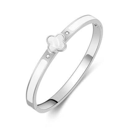 Clover Bracelets for Women Gold and Silver Chunky Oval Clover Bangle | 18k Gold Plated Stainless Steel,Precision Polished Non Tarnish,Black/White/Red/Pink/Orange Clover Bracelet Gifts for Women - color: Silver White Bangle