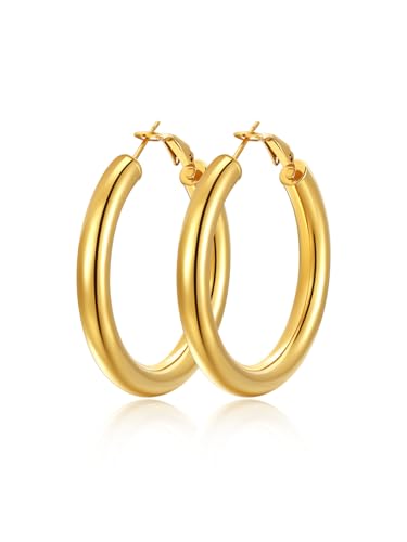 FindChic Hoop Earrings for Women, Silver/Black/14K Gold Plated Hypoallergenic Hollow Round Tube Loop Earrings, 20mm/30mm/40mm/60mm/80mm Chunky Hoops with Custom Name Options & Gift Box - color: c.Gold, size: 40MM
