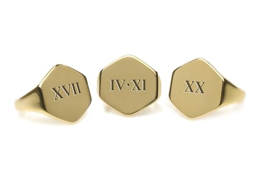 Personalized Roman Numbers Gold Ring - Engraved Initials Design - Custom Gold Signet - Unisex Jewelry