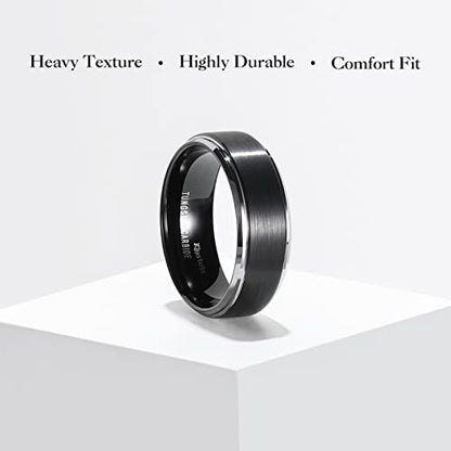 King Will Mens Brushed Wedding Band, Two Tone Matte Step Edges/Pipe Cut, Tungsten Carbide Anniversary Promise Rings Comfort Fit - color: Black&Silver Edge-8mm