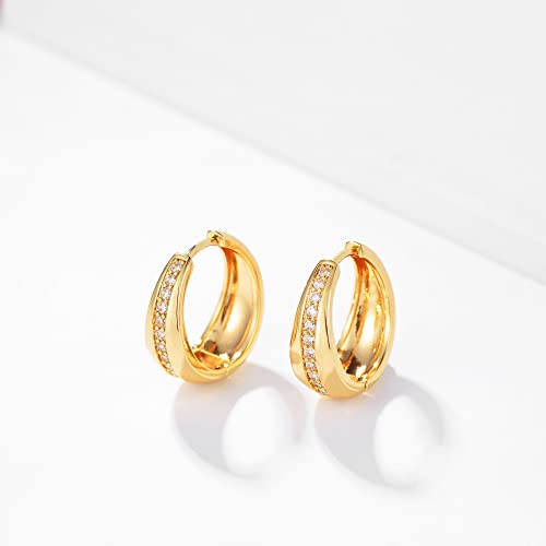 MEVECCO Chunky Huggie Hoop Earrings for Women Starburst Beaded Styles | 18K Gold Plated Brass, Triple Or Single Cubic Zirconia Star Details, Graduated Rounded Profile, Front Stone Row - style: Middle CZ Hoop