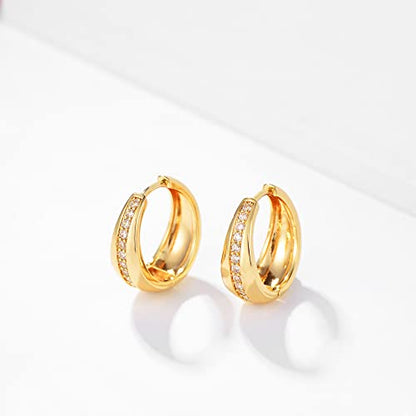 MEVECCO Chunky Huggie Hoop Earrings for Women Starburst Beaded Styles | 18K Gold Plated Brass, Triple Or Single Cubic Zirconia Star Details, Graduated Rounded Profile, Front Stone Row - style: Middle CZ Hoop