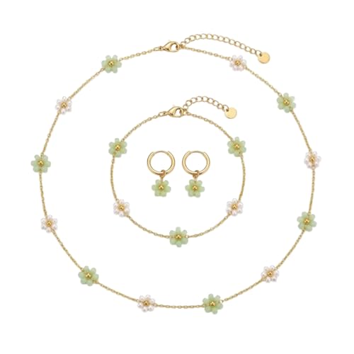 Daisy Pearl Jewelry Set for Women, 14K Gold Plated Stainless Steel Necklace Bracelet Earring 3 Piece Set, Dainty Pearl Choker Flower Necklace Birthday Gift for Her - color: Fruit Green + Pearl White