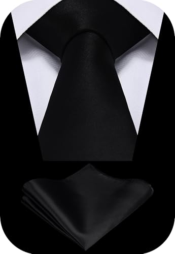 TIE G Solid Satin Woven dyed Color Formal Black Necktie and Pocket Square Sets in Gift Box - color: Black