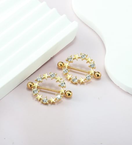 Suotarn 14G INNINipple Rings for Women 316L Stainless Steel Heart Cherry,Star Butterfly Nipple Barbell CZ Cute Nipple Rings Set Nipplerings Piercing Jewelry - color: gold
